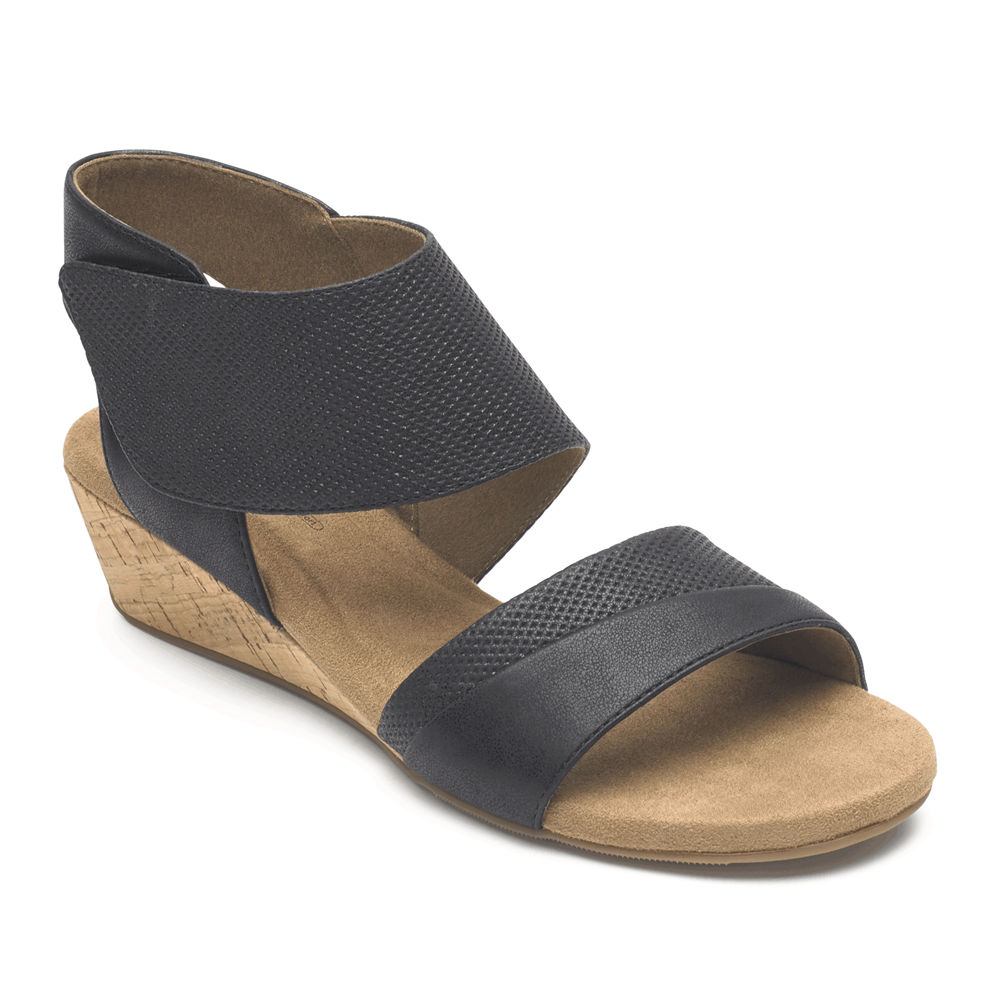 Rockport Singapore Womens Sandals - Calia Mid Wedge Cuff Black - MU9284076